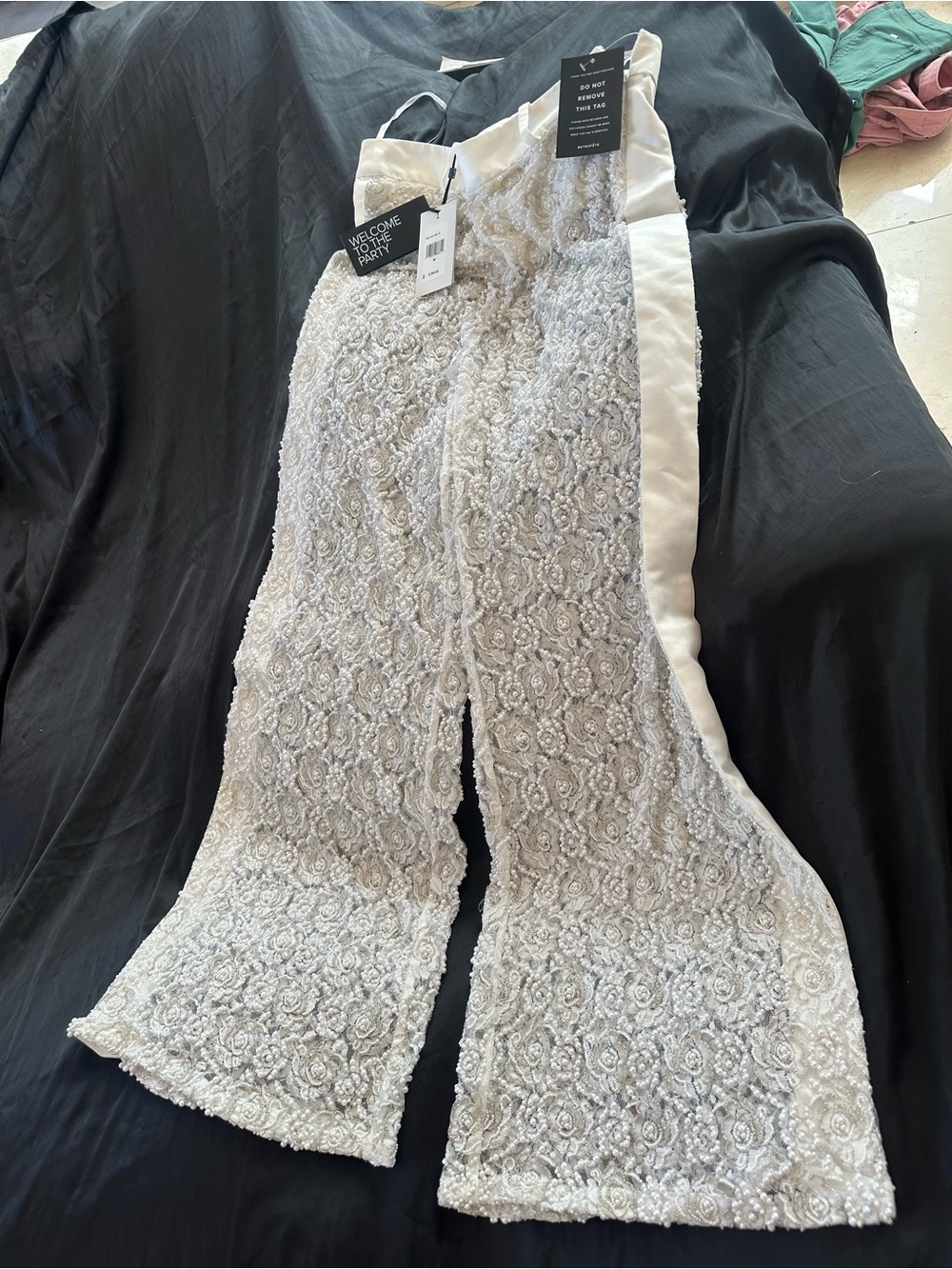Retrofete Lulu elegant Beaded Lace Wide-Leg Dress Pants in white NWT